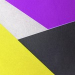 Vibrant geometric composition with yellow, purple, black, and white paper textures.